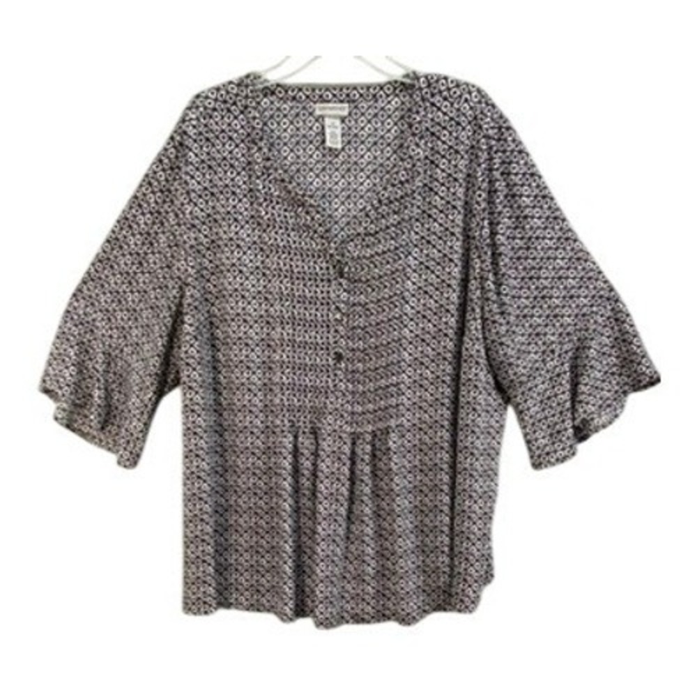 Catherines‎ Shirt Womens 3X Black White Geometric 3/4 Bell Sleeve Blouse Tunic